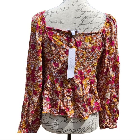 Patrons of Peace -583 NWT Terracota Floral Long Sleeve Front Tie Blouse Small - Picture 2 of 7